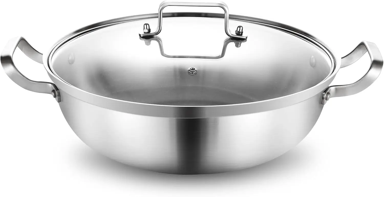 

14-Inch Stainless Steel Hot Pot with Lid, Durable Deep Saute Pan, 7QT Induction Cooking Pot Oven Safe