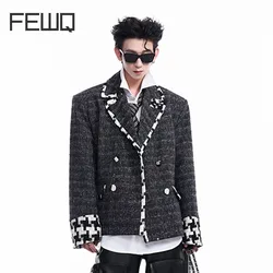 FEWQ Niche Woven Patchwork Plaid Suit Men's Jacket Autumn Winter Double Breasted 2024 Contrast Color Male Blazer 24E2127