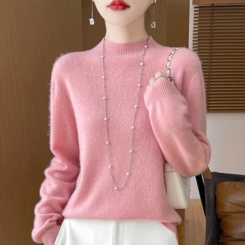 24 autumn and winter new women\'s 100% merino wool cashmere sweater casual knitted semi-high neck solid color pullover jacket