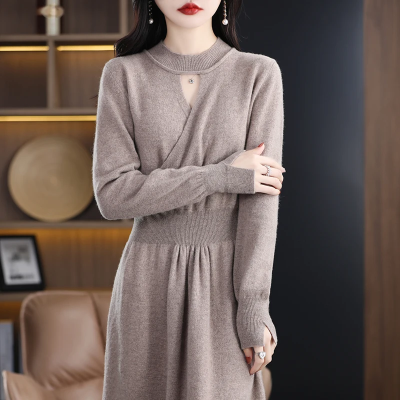 2024 Spring Autumn New Solid Color Round Neck Temperament 100% Pure Wool Mid length Versatile Fashion Dress Cashmere Long Dresss