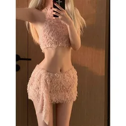 Spicy Girl Hanging Neck Top Wrap Hip Skirt Two Piece Set Women Backless Sleeveless Sweet Solid Slim Short Summer Party Lady Suit