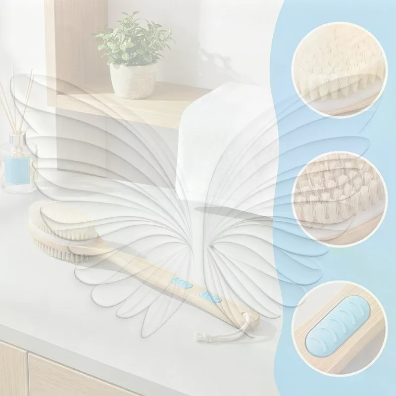Bristle Shower Brush with Non-slip Long Wooden Handle Exfoliating Massage Scrubber for Back Foot Body Bathing