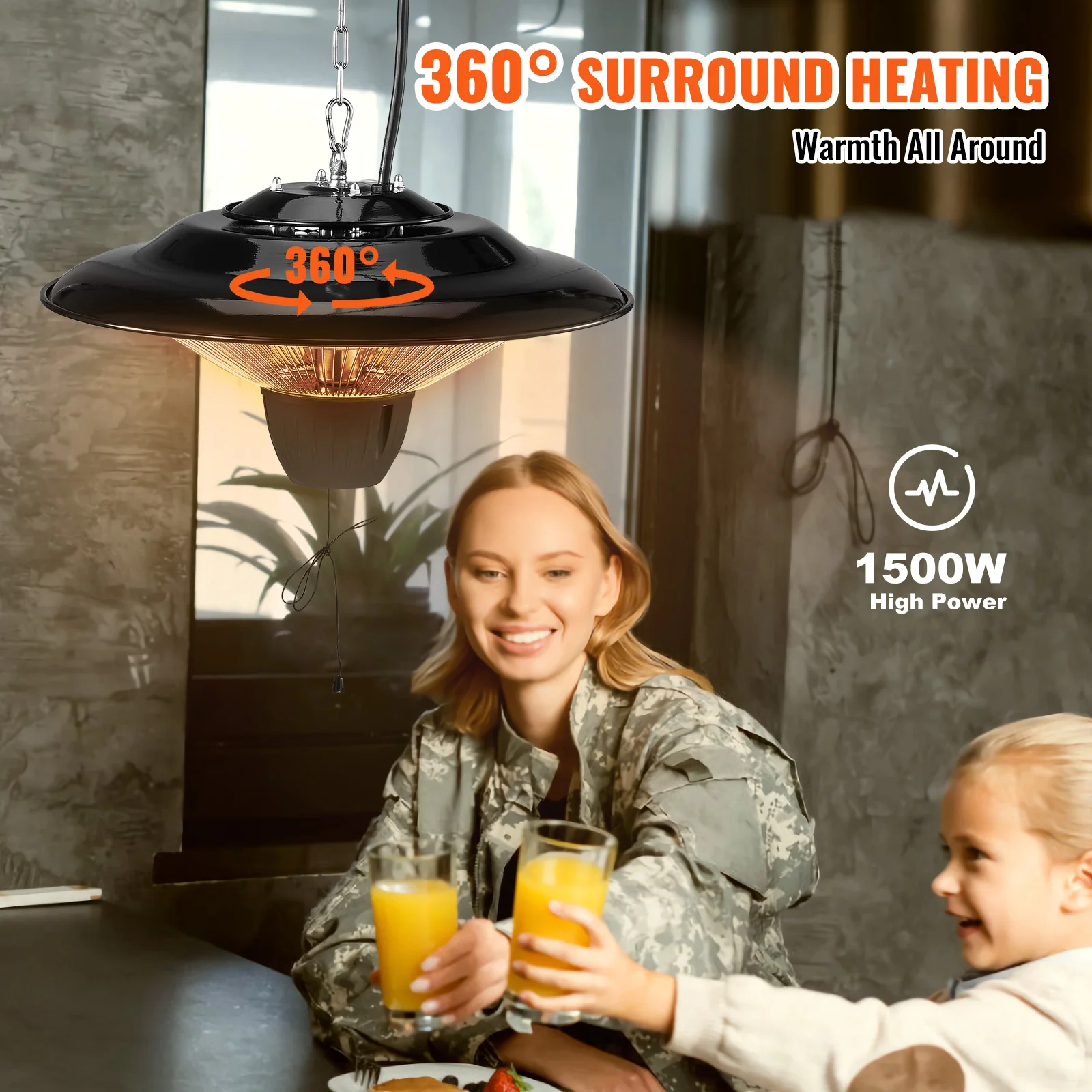 เครื่องทำความร้อนแขวนสำหรับลานบ้าน vevor 1500W พร้อมสายดึง23.6นิ้วและโซ่ปรับได้20นิ้วสำหรับระเบียงห้องรับประทานอาหารลานบ้านสตูดิโอ