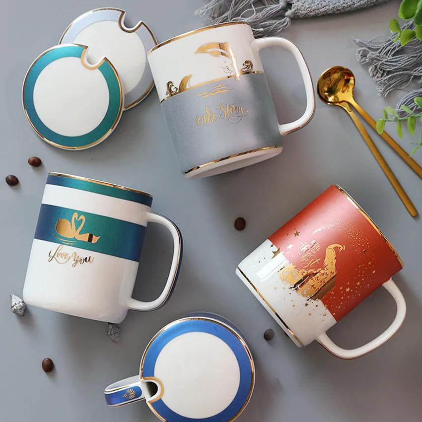 

Nordic Ceramic Coffee Cup With Lid Spoon Creative Mug Couple Drinking Water Cups Tazas De Cafe Tea Party Home Decor Accessories