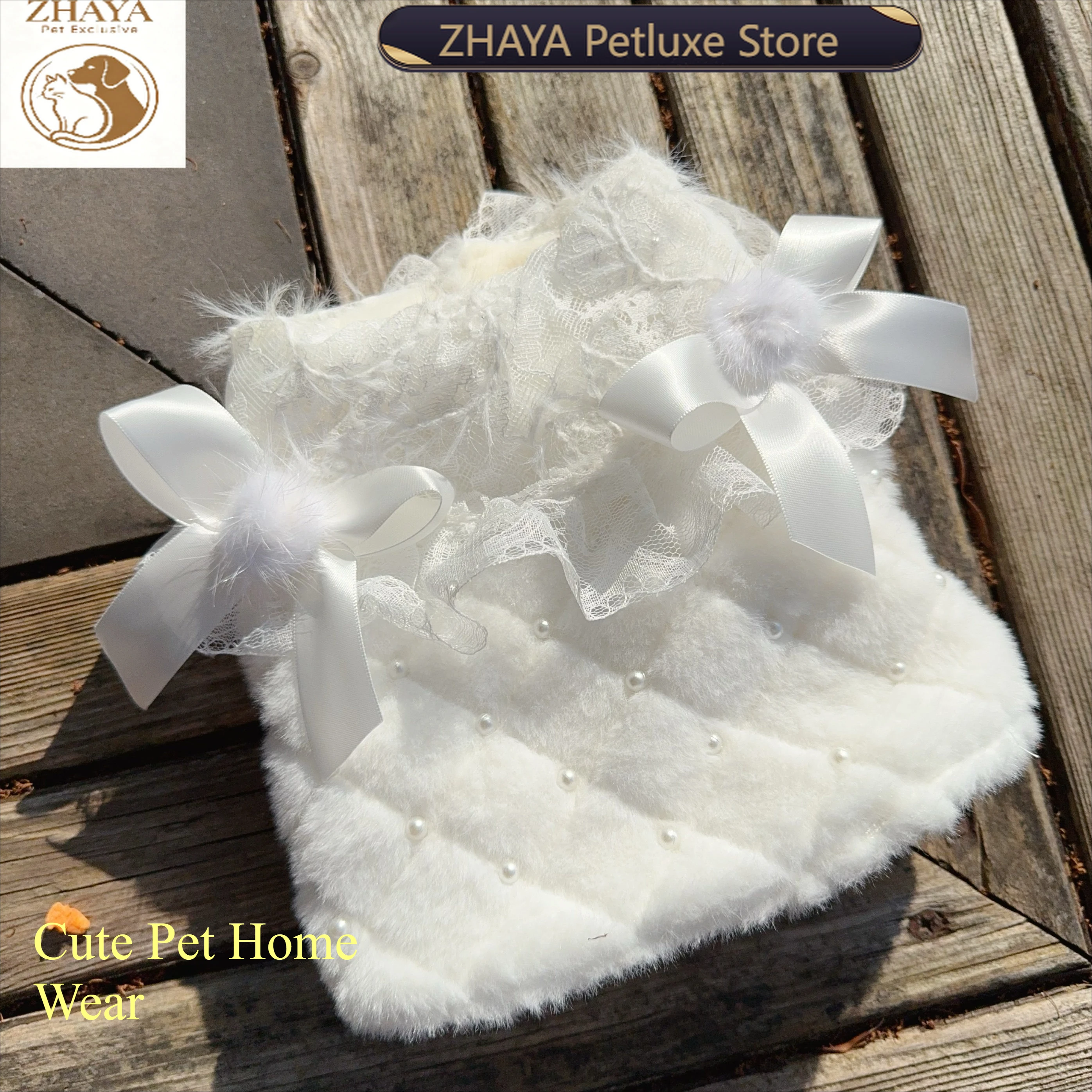 ZHAYA Pet Pajama Set Fluffy White Pearl Tutu Skirt Two Piece Soft Warm Cozy Lightweight Homewear Puppy Kitten Cat Dog Supplies