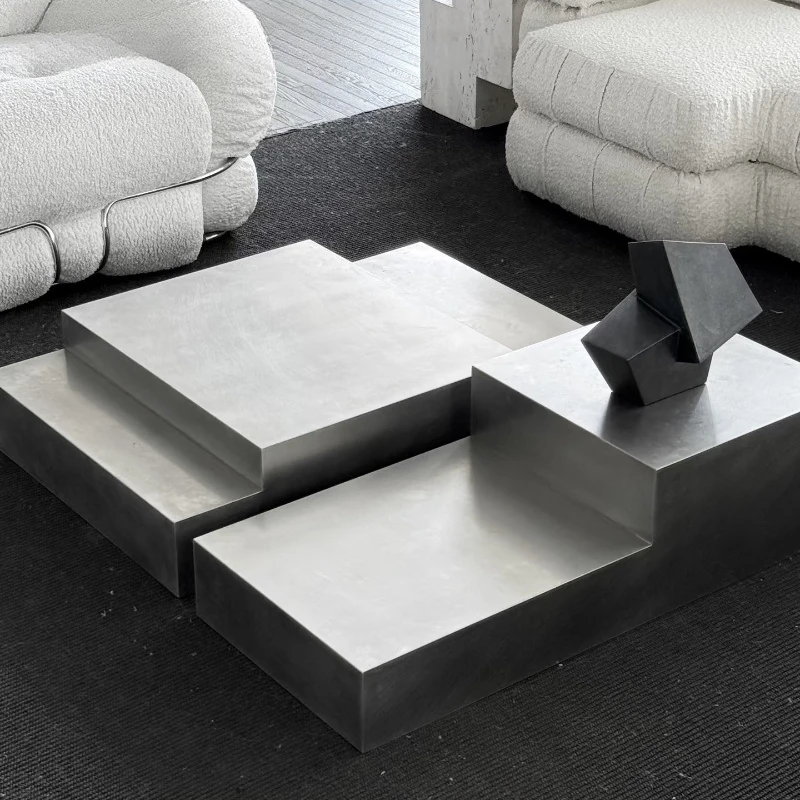 Nordic retro, geometric design, futuristic style, stainless steel metal texture, square living room coffee table