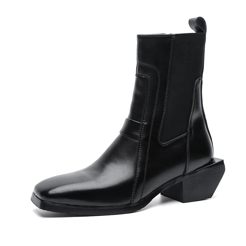Classic Men Chelsea Boots Black Brand New Square-toe Mid-calf Stylish Flat-top Boots Knight Boots Sizes 38-46 Men Boots