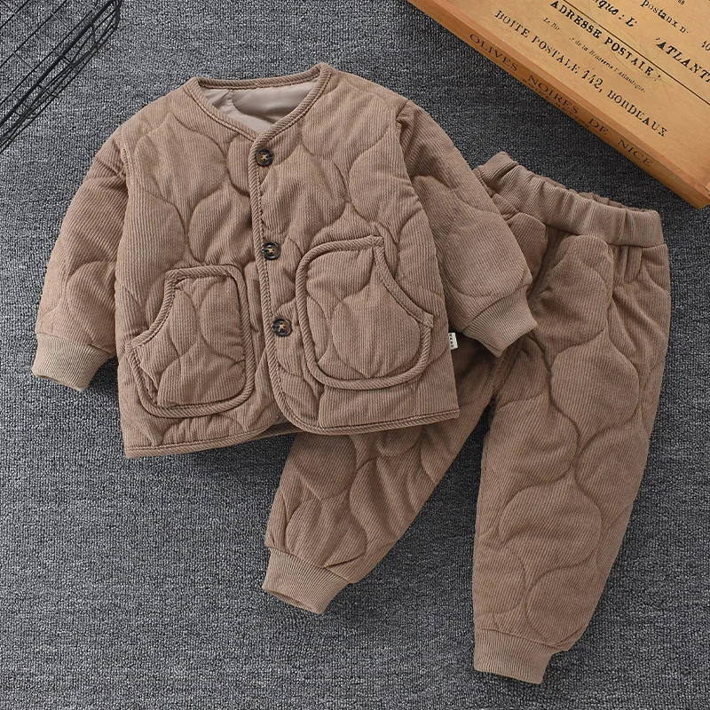 2024 Children\'s Winter Thickened Two Piece Boys Solid Color Warm Set Girls Autumn New Cotton Casual Buttons Sports Suit 2-6 Year