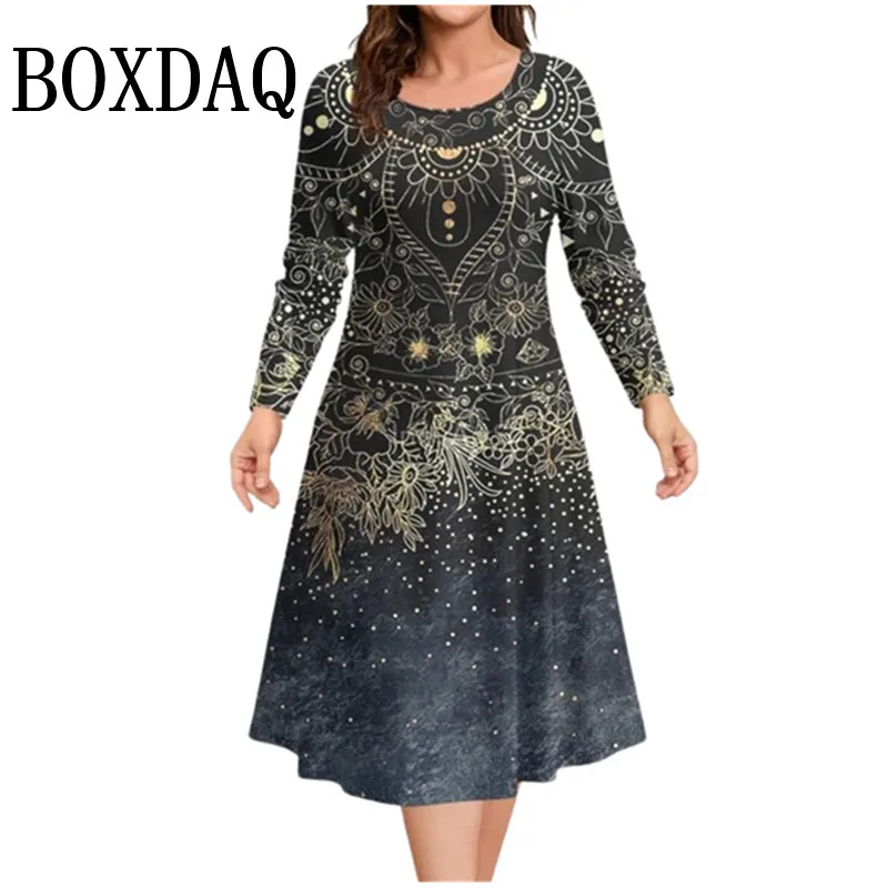 Autumn Winter New Ladies Pus Size Casual Dress 9XL Fashion Round Neck Geometry Printing Loose Long Sleeve A-Line Dress Vestidos