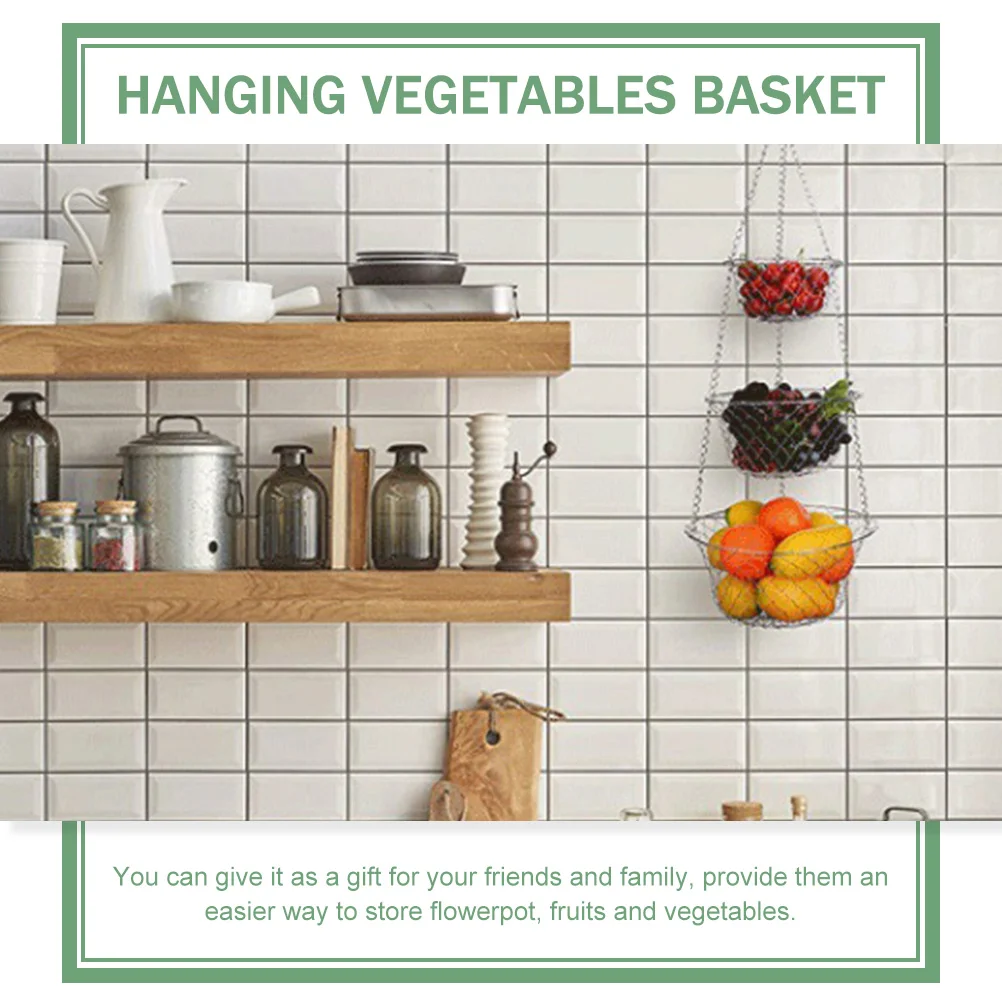 Hangers Hanging Fruit Basket Iron Wire Wall Baskets Storage 3 Tier Fruits for Kitchen Silver