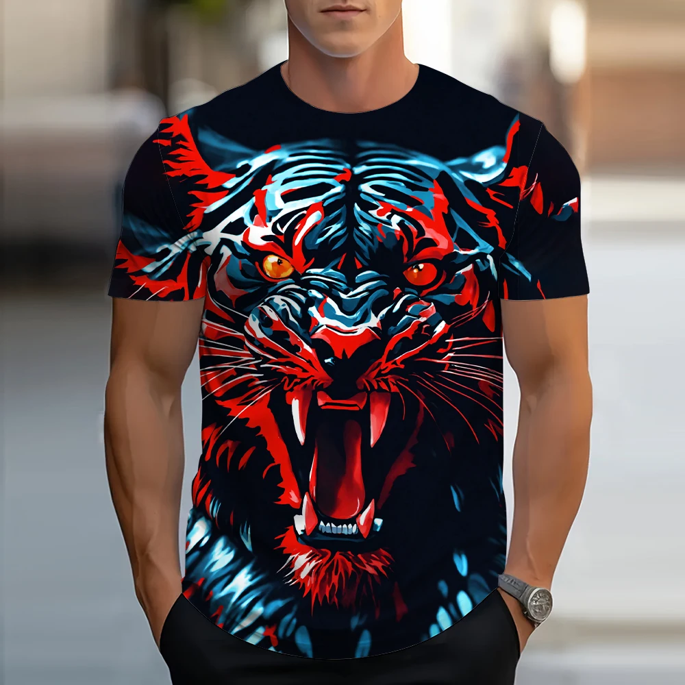 2024 New Mens Retro T Shirt Blood Tiger Fierce Beast Printed American Large Size Personalized Lion Short Sleeve Daily Sportswear