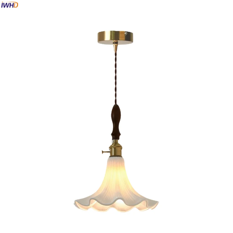

IWHD Mid Century Modern LED Pendant Lamp For Bedroom Decoration Living Room Copper White Flower Ceramic Pendant Light Luminaire
