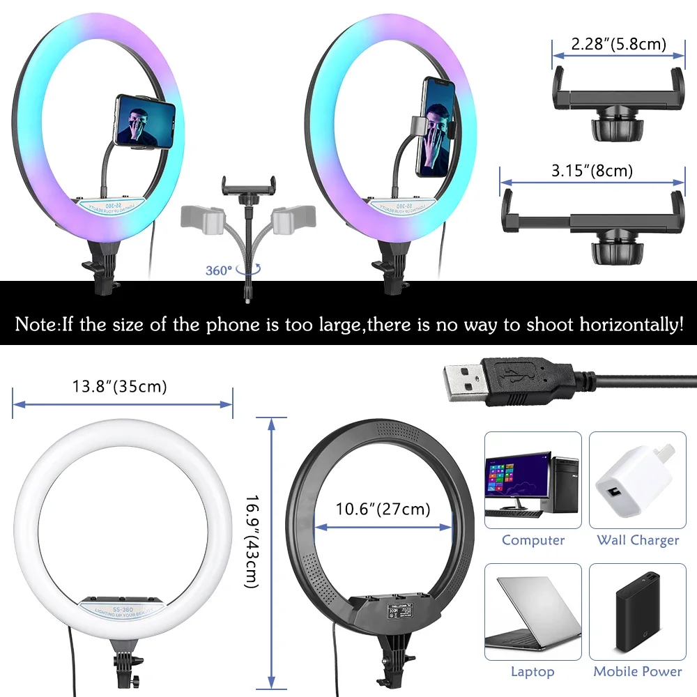 Ring Light with Phone Holder 14 Inch RGB Ringlight Bi-Color Adjustable LED Selfie Light Kit for Live Stream Photography Makeup