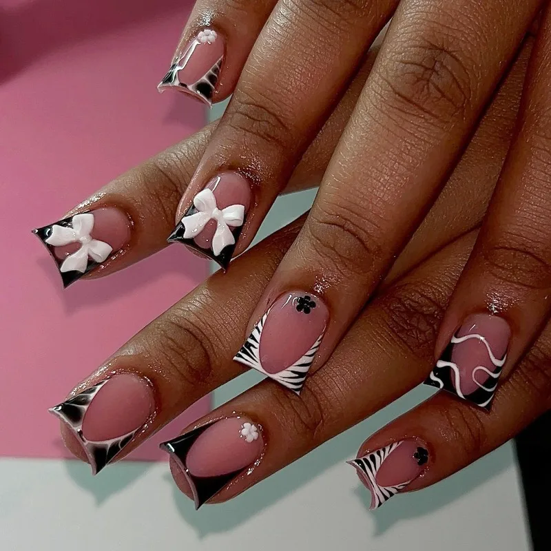 

24pcs Short Square Acrylic Press on Nails with Design Zebra French Tip Duck Set of False Nails with Tools Realistic Wear Nail