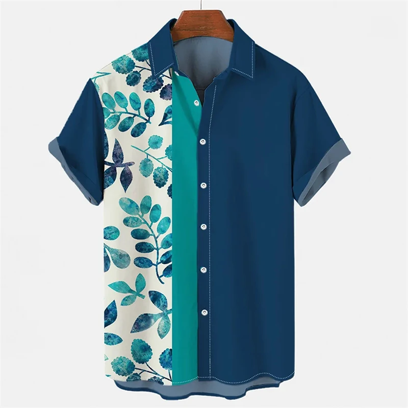 Camisa masculina com padrão de planta havaiana, casual, tops grandes, blusa de manga curta, moda verão, Y2k, 2024