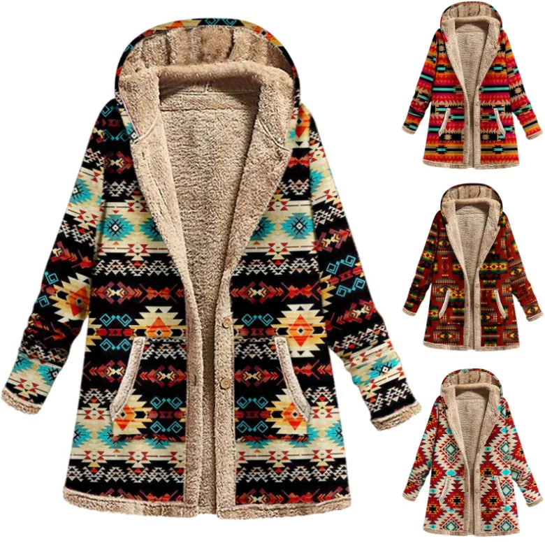 OVERSIZE Winter Vintage Women Coat Warm Printing Thick Fleece Hooded Long Jacket Pocket Outwear Loose Boho Tops Шерстяное Пальто image 3