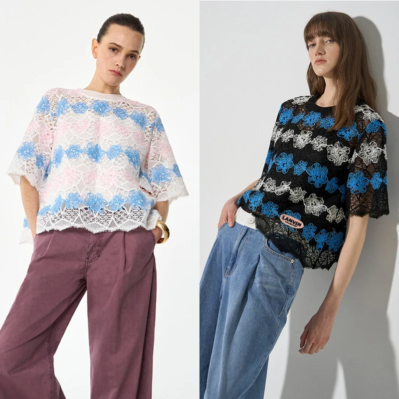 

MICOAT Romantic Hollow out Lace irt Women's round Ne Hook Flower Design Summer Faion French Sle ort Sve Loose Fit