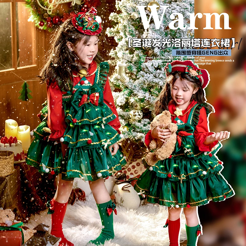 

Christmas Palace Style Lolita Kawaii Princess Tutu Dress Xmas Glowing Cute Fancy Dress +Hat Christmas Gifts Carnival Party Dress
