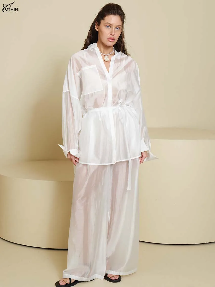 Oymimi Fashion White Translucent Women' S Clothes 2 Piece Sets Casual Long Sleeve Lace-Up Button Pockets Shirts And Pants Sets