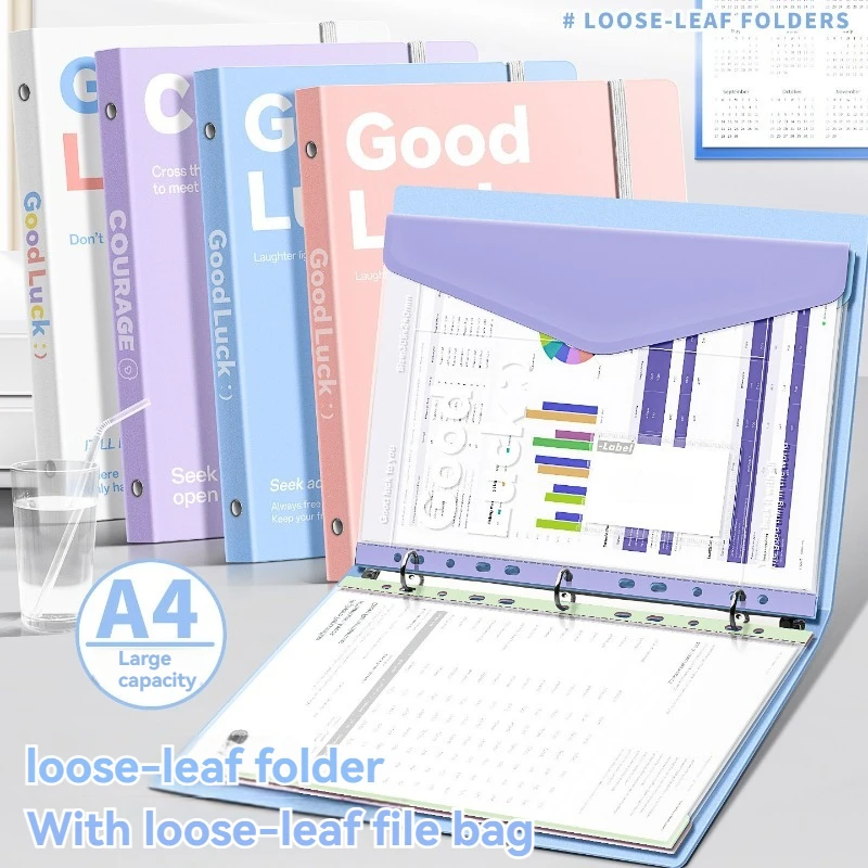 A4 Loose Leaf Binder with Elastic Strap Ring Folder Removable Clear Loose Leaf File Pocket for School Office Document Storage