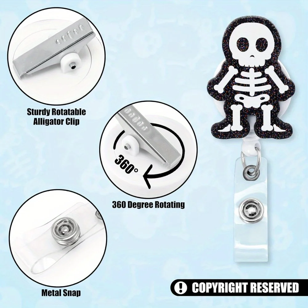 4/8 قطعة بكرات شارة الأشعة السينية. هيكل عظمي أكريليك ومشابك معرف الجمجمة لتقنيات الراداد والممرضات والأطباء. هدية الهالوين/عيد الميلاد.