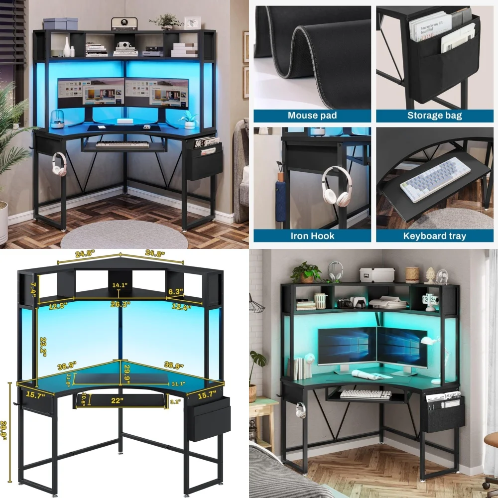 

Computer DesksCorner Computer Desk with Keyboard Tray and LED Lighting for Home Office Space Saving Workstation