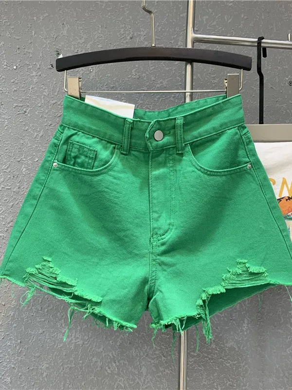 Summer New Style Candy Green Retro High Waist Slimming Short Jeans Small Size Wide Leg Pants Hole Ruffle Hem Denim Shorts