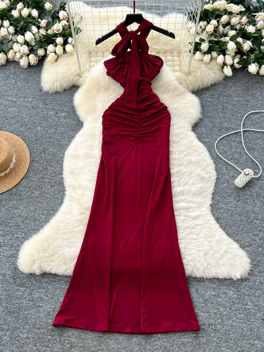 Foamlina Seksowna Sukienka Maxi z Wycięciami, Wiązana na Szyi, Długa, Damska, Europejski Styl, Siateczkowe Wstawki, Dopasowana, Podkreślająca Figurę, Elegancka, Bez Pleców