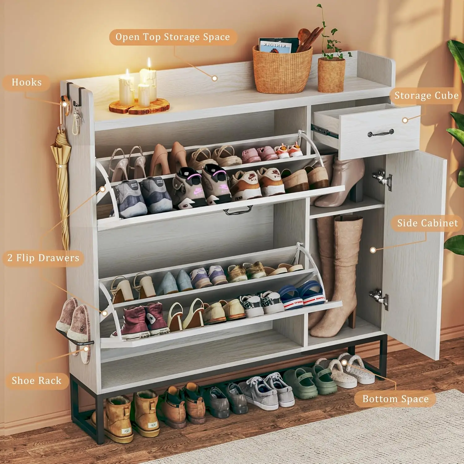 خزانة أحذية مع درجين قابلين للطي وخزانة جانبية، وخزانة أحذية مع أرفف قابلة للتعديل، وتخزين الأحذية مع درج وأحذية مثبتة