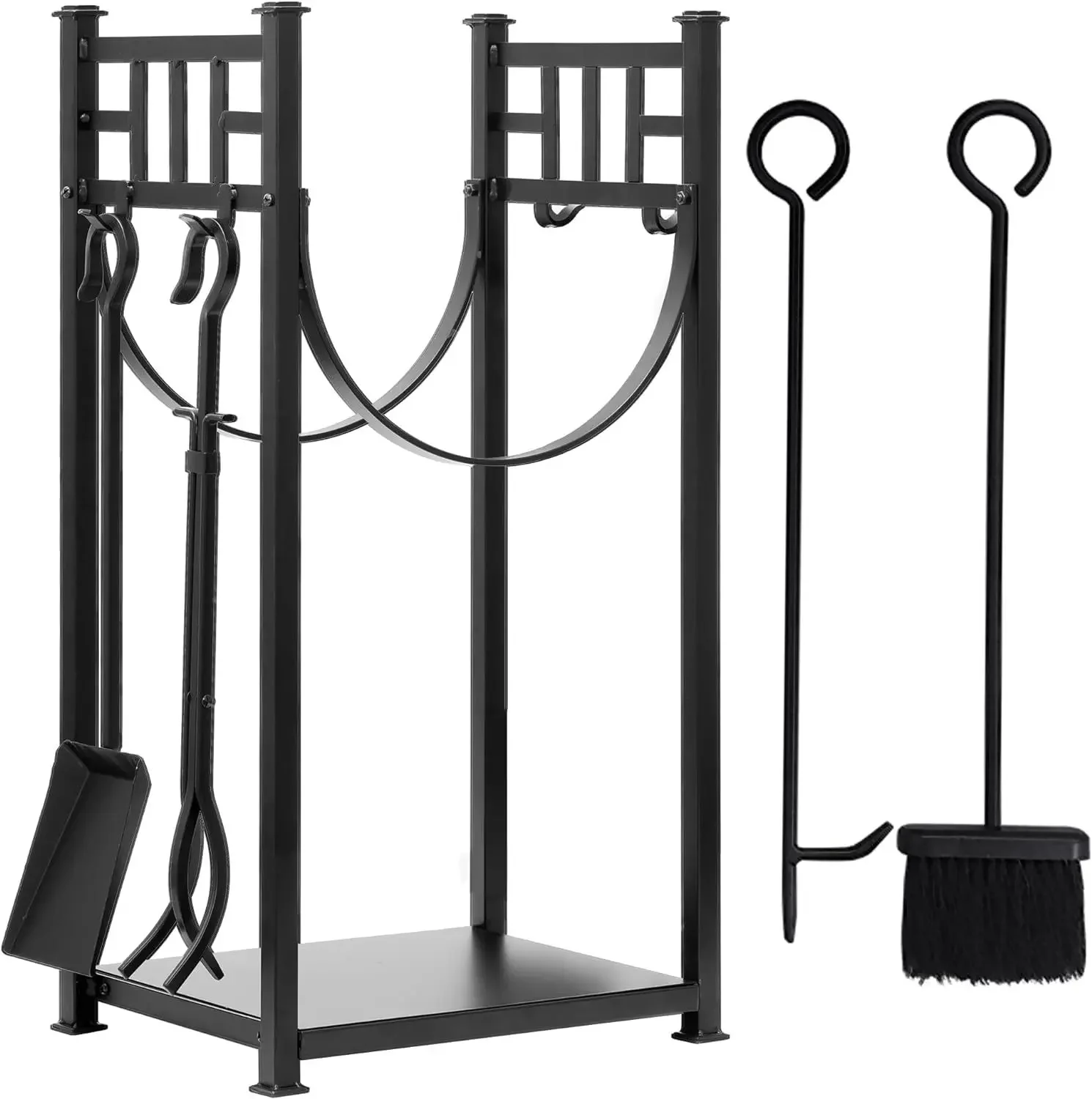 Large firewood stand, fireplace tool set, indoor wooden frame with tool storage, stacked wrought iron