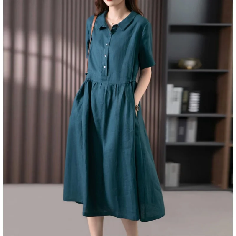 Summer New Hong Kong Style Loose Fit Pure Color Midi Dress Turn down Collar Single Button Short Sleeve Women's Fashion Dress