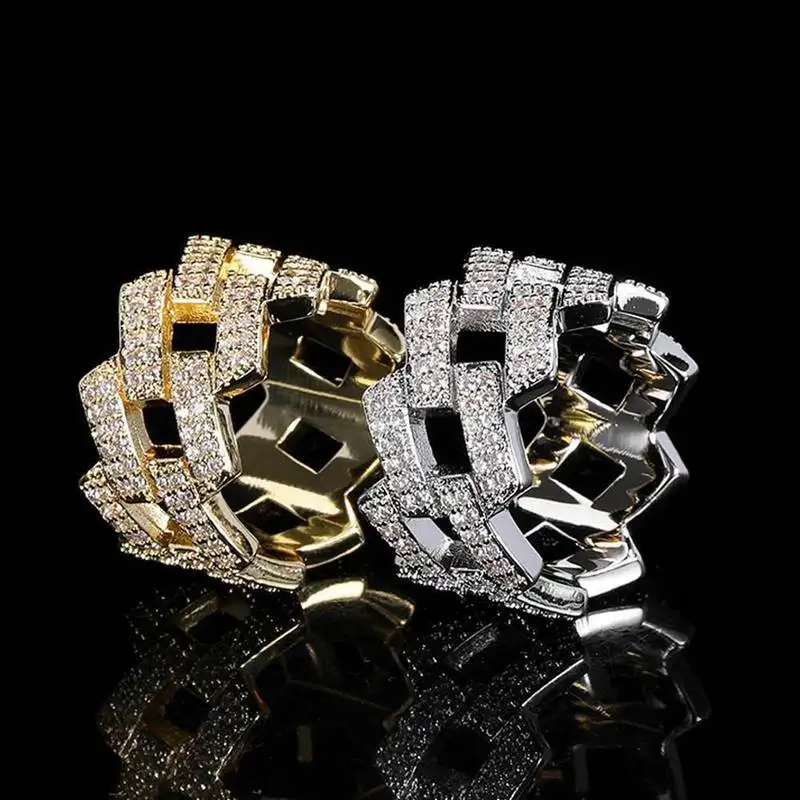 `Iced Out Cuban Link Ring Micro Pave CZ Stone Gold Silver Plated Wide Band Hip Hop Ring For Men Rapper Street Bling Jewelry`