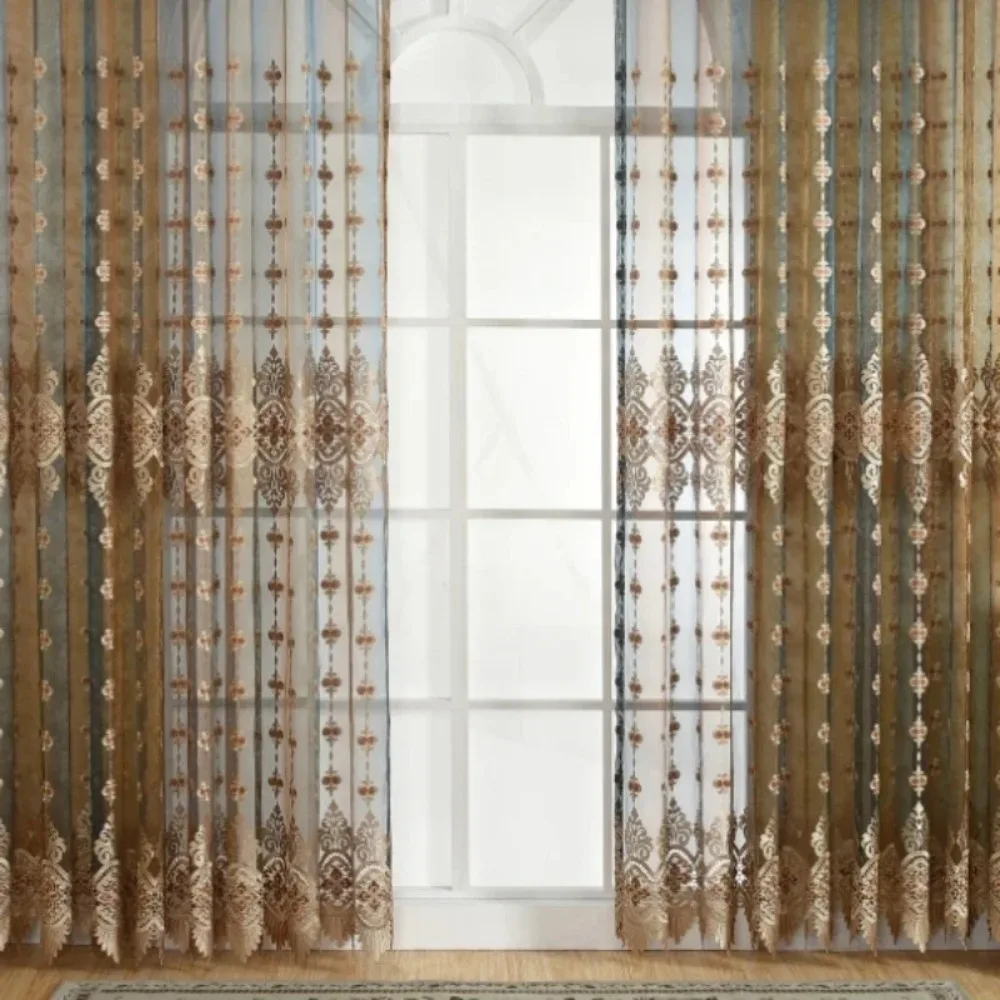 

Европейская роскошная вышивка кофейного бежевого тюля, прозрачные шторы для гостиной, спальни, столовой, утолщенный декор окна, утолщенный на заказ