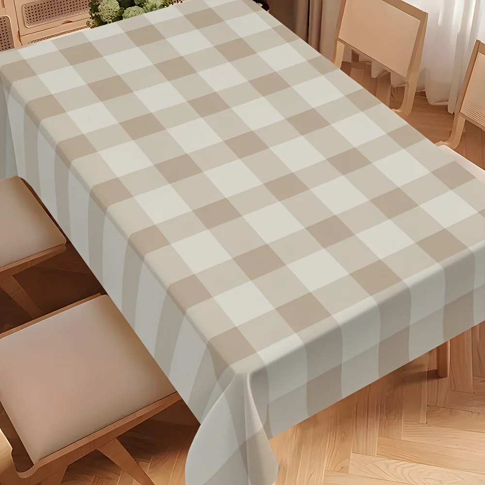 One neutral beige and white checkered rectangular tablecloth - machine-washable and easy to clean surface.