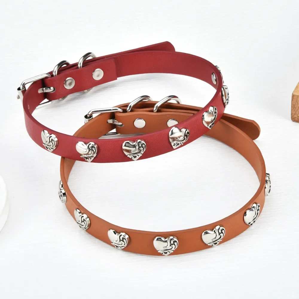 

Heart-shaped printed heart-shaped riveted pin buckle necklace, leather collar necklace, collarbone chain, fun collar