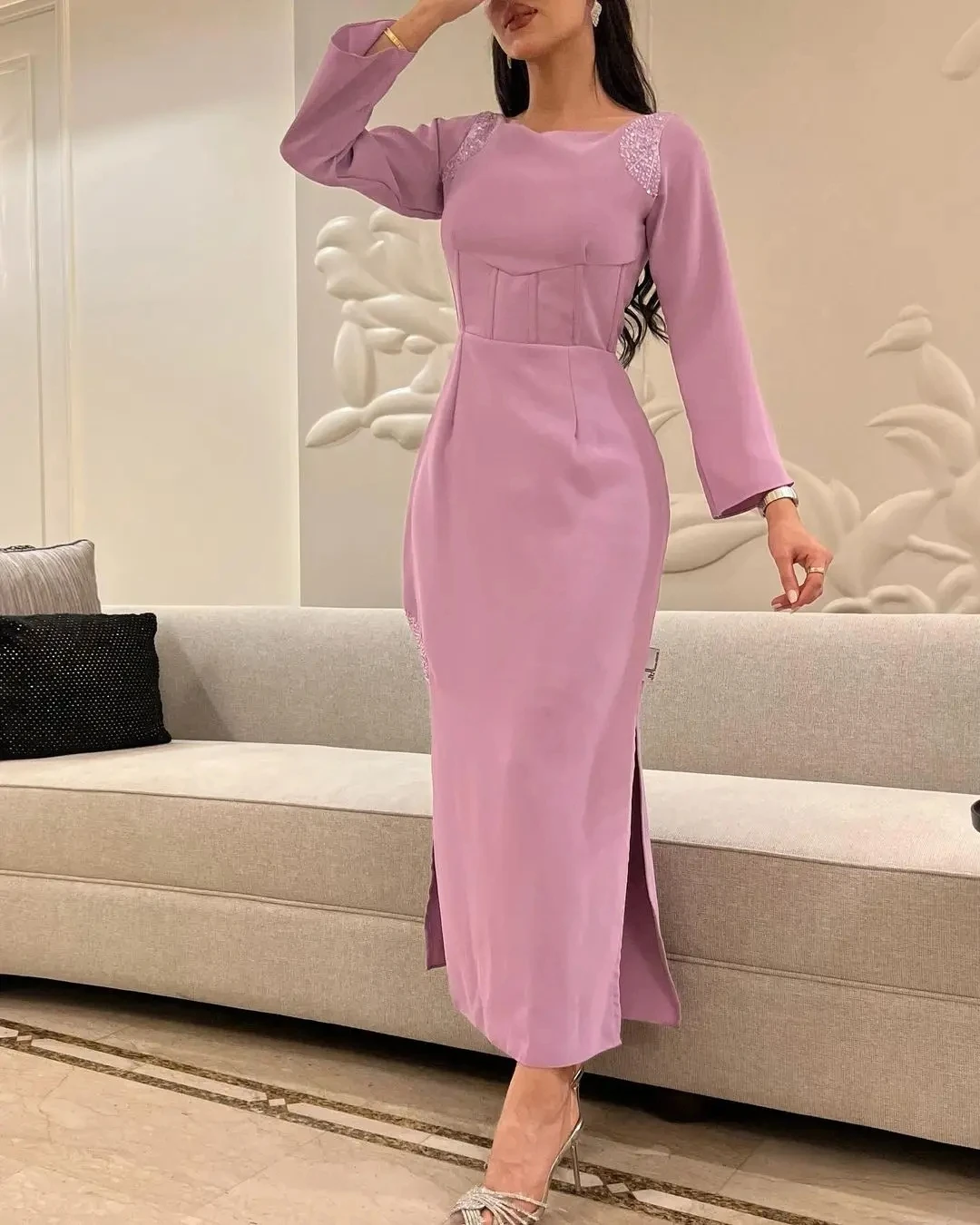 

Flora Dress Purple O-Neck Prom Dresses Mermaid Long Sleeves Elegant Saudi Arabia Both Side Slit Evening Party Gowns For Women