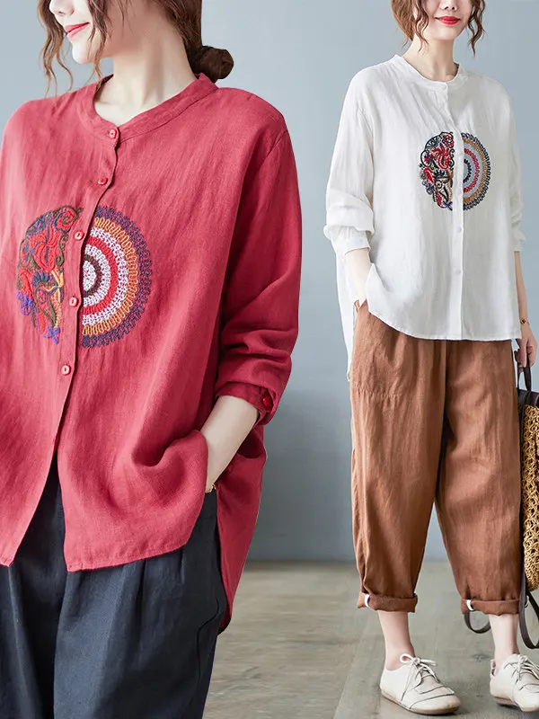 قميص نسائي كاجوال بأكمام طويلة مطرز، مقاس كبير، مناسب لفصل الربيع، تصميم نحيف ومتعدد الاستخدامات، فضفاض ومريح