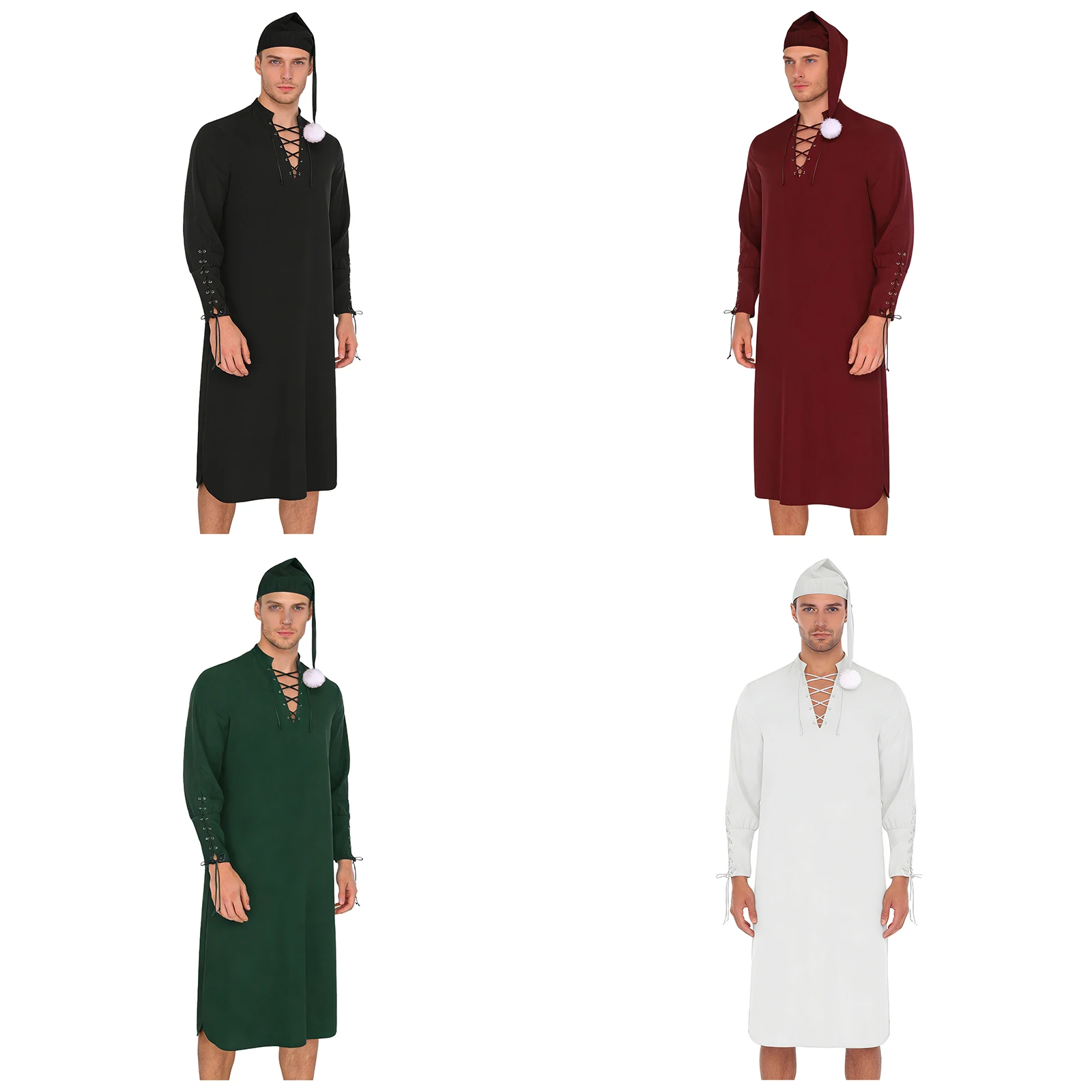 Men Long Sleeve Vintage Renaissance Sleep Robe Loose Nightgown with Hat Pajamas Set Christmas Carnival Sleepwear Party Costume view 3
