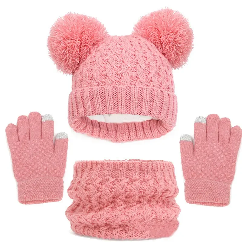 Knitted Baby Winter Hat 3pc Set Warm Scarf Gloves Kid Winter Neck Scarves Beanie Cap For Boy Girls Cute Hat Gloves Suit For Kids