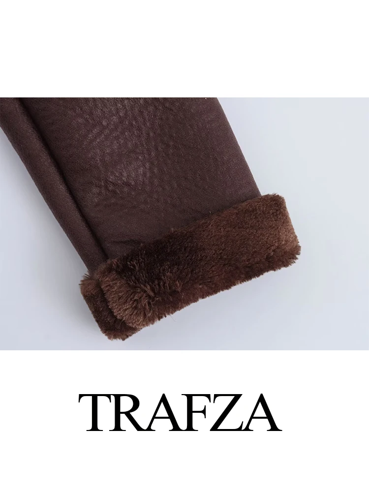 TRAFZA Women's Winter Fur Integrated Thermal Thickened Reversible Jacket Female Loose Belt Lapel Long Sleeve Zipper Jacket Mujer