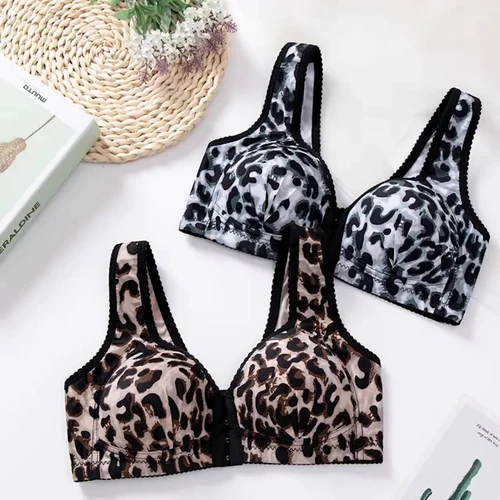 Bralette de talla grande con estampado de leopardo para mujer, sujetador fino con hebilla frontal sin aros, lencería cómoda y Sexy para reunión