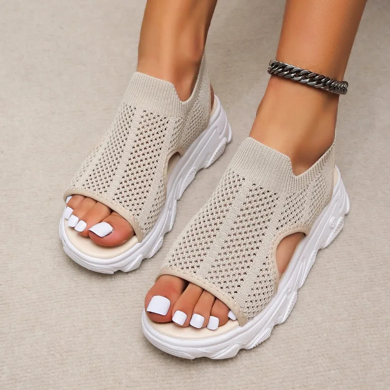 Women\'s Sandals Summer New Thick Bottom Round Head Mesh Hollow Slippers Casual Comfort Increase Breathable Non-slip Sandals