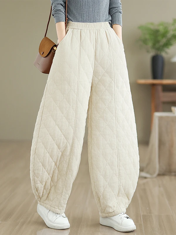 سراويل نسائية من القطن ثينيد عالية الخصر سراويل طويلة فانوس ملابس خارجية شتوية فايون ريترو خياطة الماس نمط الدفء #5