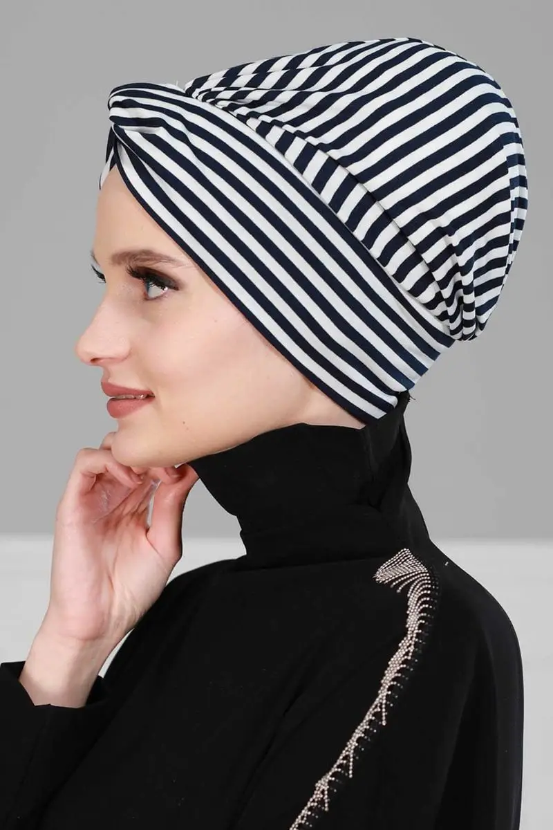 Mihrace Combed Striped Bone Navy Blue