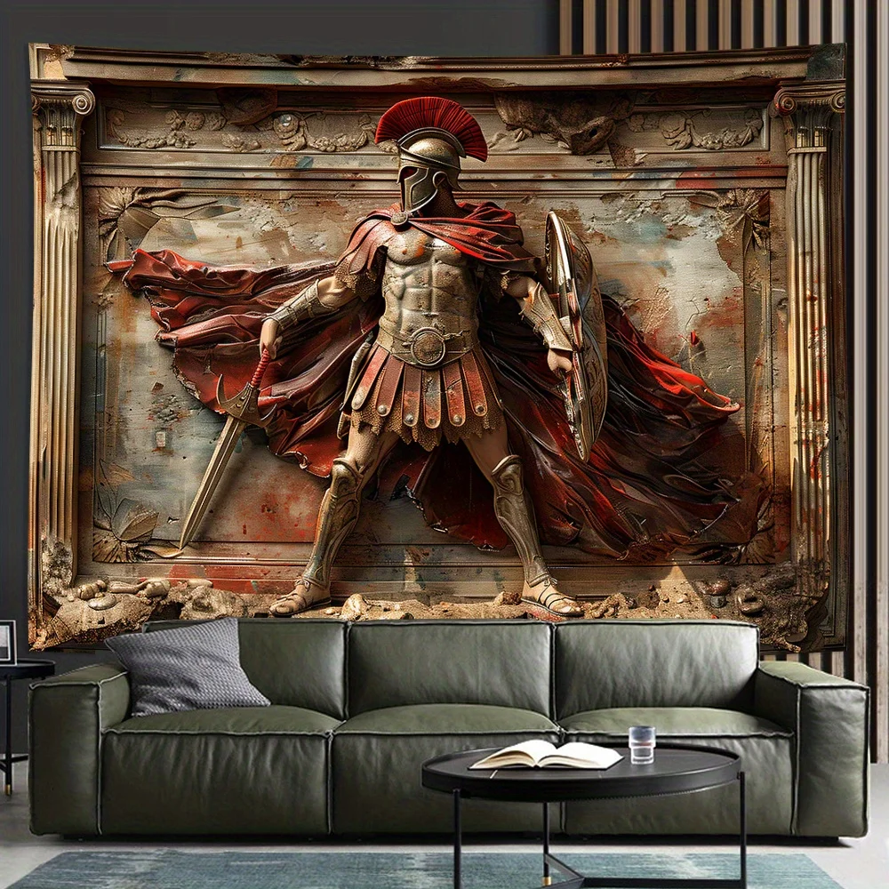 3D Spartan Warrior Tapestry Wall Hanging – Vintage Polyester Decor for Bedroom, Living Room, Office, Party Backdrop & Ambiance