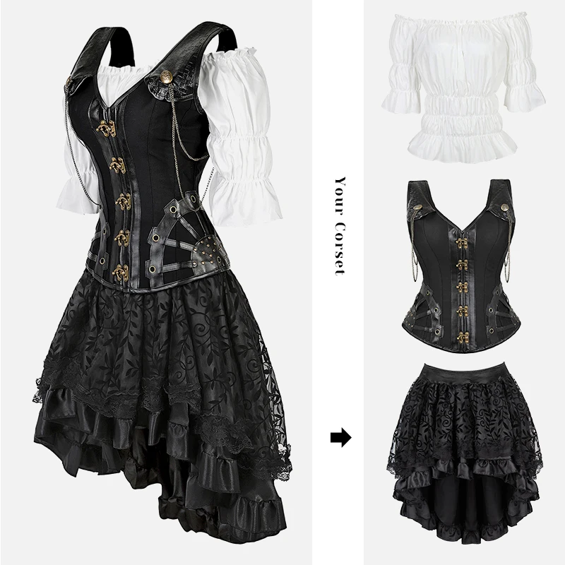 Steampunk gorset do sukienki, czarny gotycki strój dla kobiet piracki gorset do sukienki es Cosplay ramię Off bluzka gorset do sukienki Plus Size