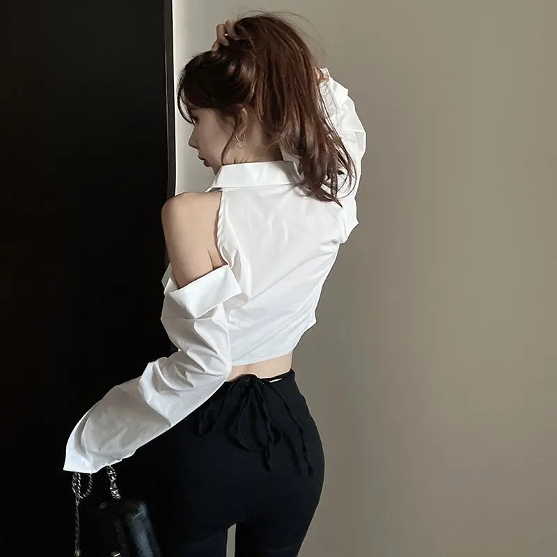 Long Sleeve Shirts Women Off Shoulder Autumn Sexy Solid Color Female\'s Hollow Out Crop Tops Casual All-match Simple Buttons-up