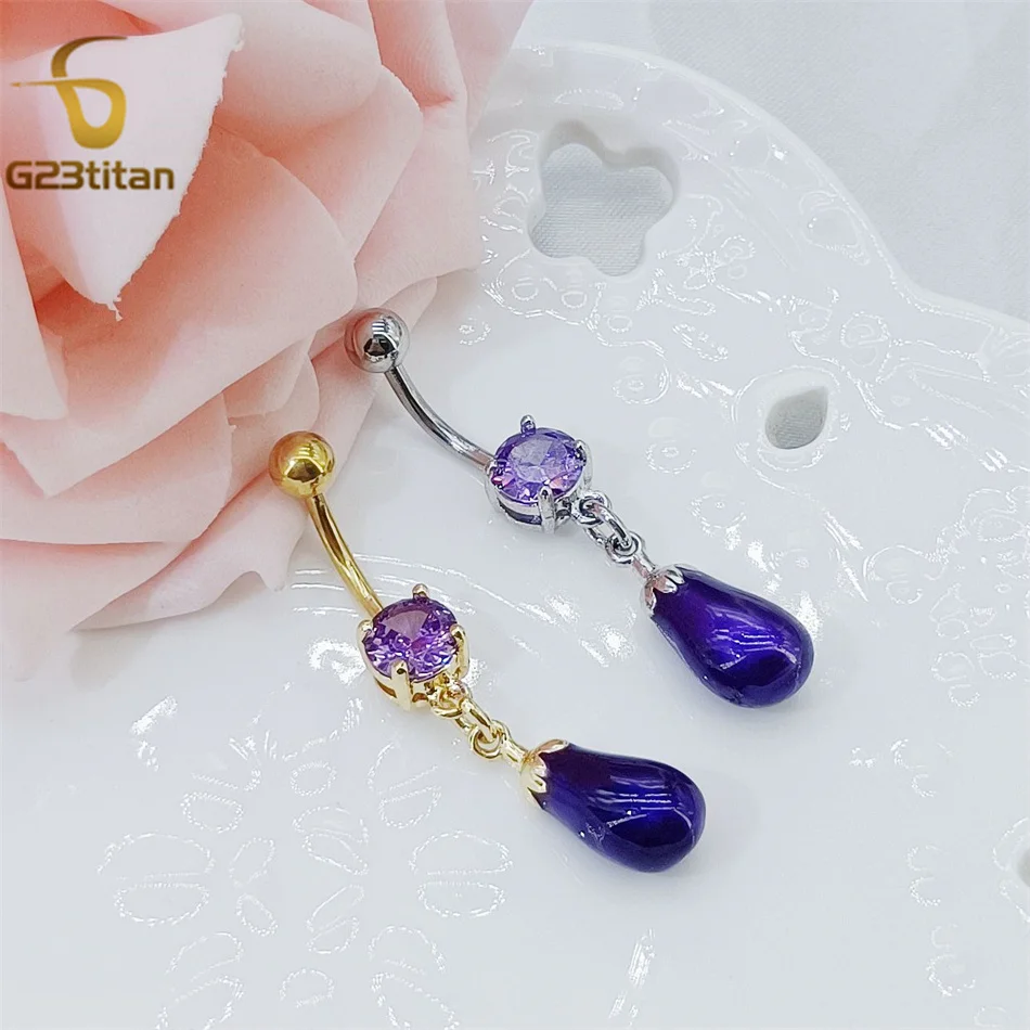 CZ Zircon Purple Eggplant G23 Titanium Bar Belly Ring Copper Drip Oil Vegetable Dangled Body Piercing Allergy Free Navel Jewelry
