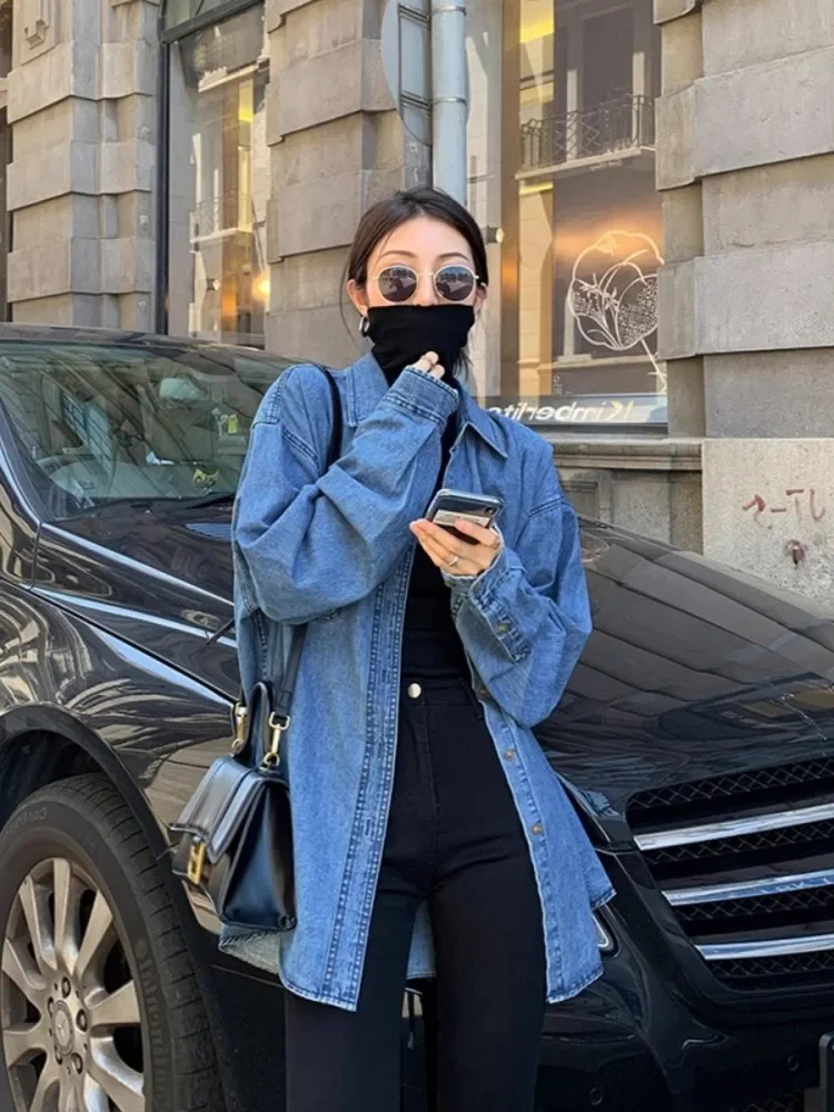 Minimalist Denim Shirt Women's Autumn And Winter New Korean Version Blue Lapel Long Sleeved Loose Top