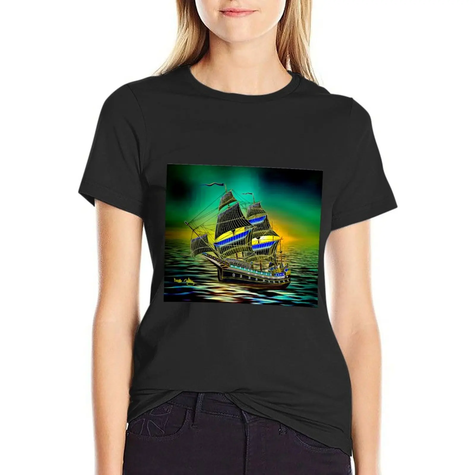 A Colourful Line-art, Ship of the Line, Battleship at Sunset T-Shirt kawaii clothes animal print shirt for girls T-shirt Women